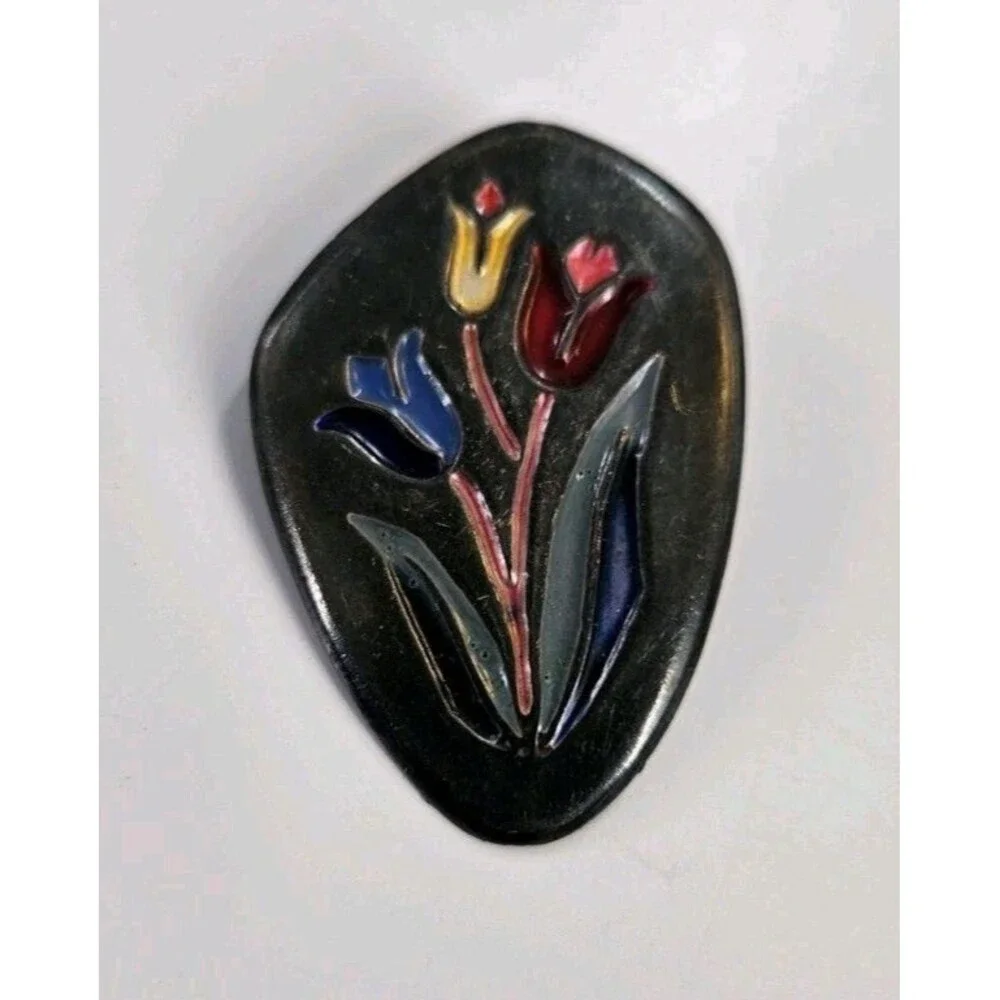 Vintage Sterling Silver Enamel Tulip‎ Flowers Made In Israel Brooch Pin Pendant